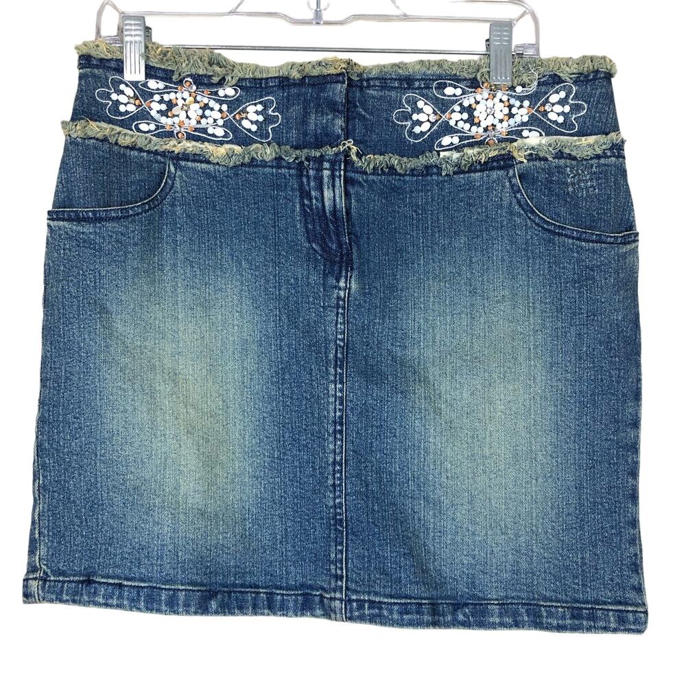 INC Denim Mini Skirt Sz 6 Blue Jean Fringe Embroidered Beaded Y2K Stretch